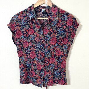 Vtg 50s-Style 100% Silk Floral Button Up Blouse Dolman Cinched Waist Navy Red